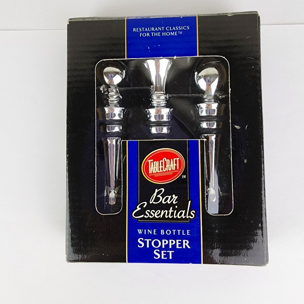 TableCraft Bar Essentials Wine Bottle Stopper Set Chrome Metal Set of Three NIB